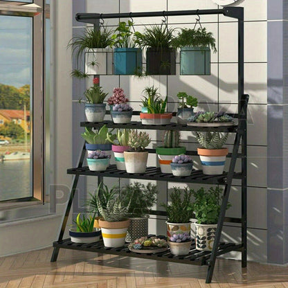 3 Tier Wooden Pot Plant Stand Storage Rack displaying various potted plants in a modern indoor setting