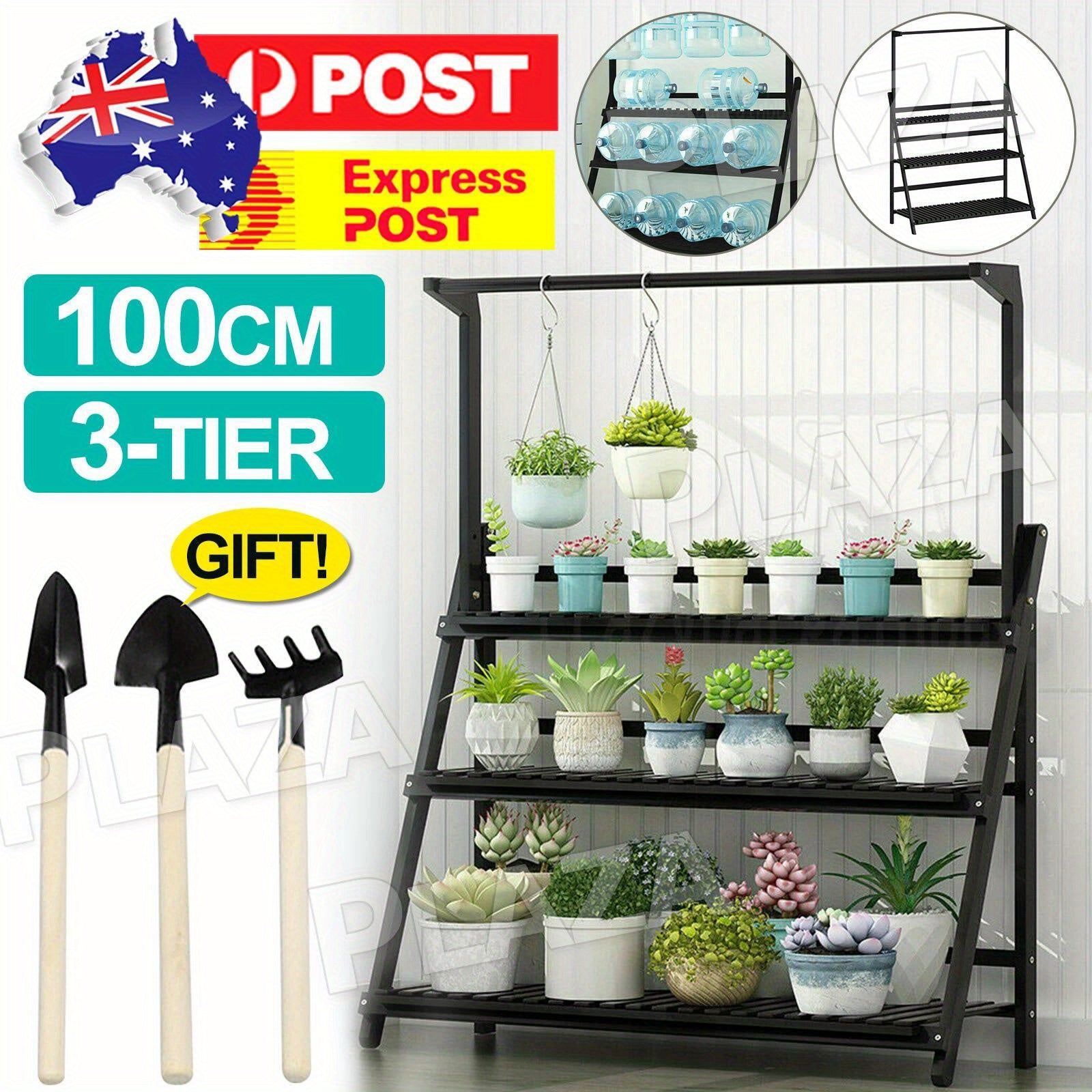 3 Tier Wooden Pot Plant Stand Storage Rack with Plants and Gardening Tools for Indoor and Outdoor Use