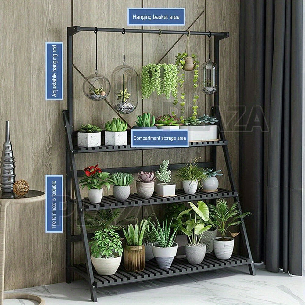 3 Tier Wooden Pot Plant Stand Storage Rack with adjustable hanging area and compartment storage for plants