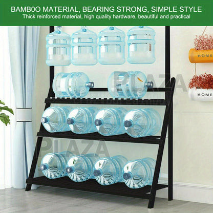 3 Tier Wooden Pot Plant Stand Storage Rack displaying multiple water bottles in an organized, stylish layout