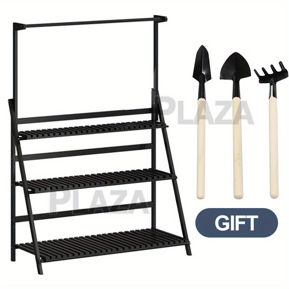 3 Tier Wooden Pot Plant Stand Storage Rack with three gardening tools for outdoor gardening enthusiasts