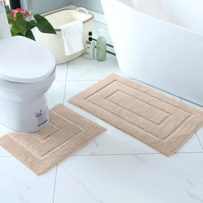 Nutshell plush bathroom floor mat set in beige with soft texture for added comfort and style