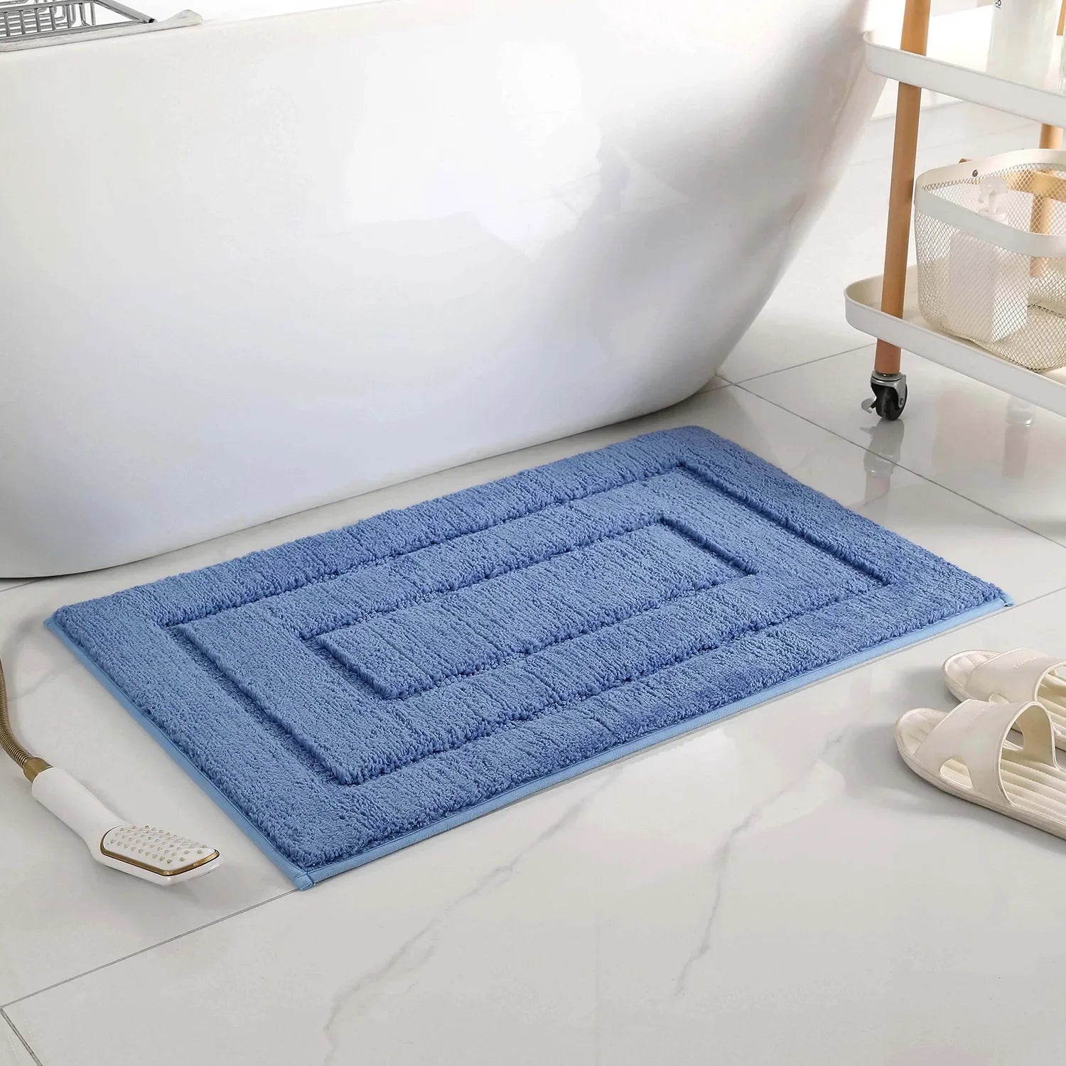 Soft blue plush bathroom floor mat for comfort and style in bathroom settings