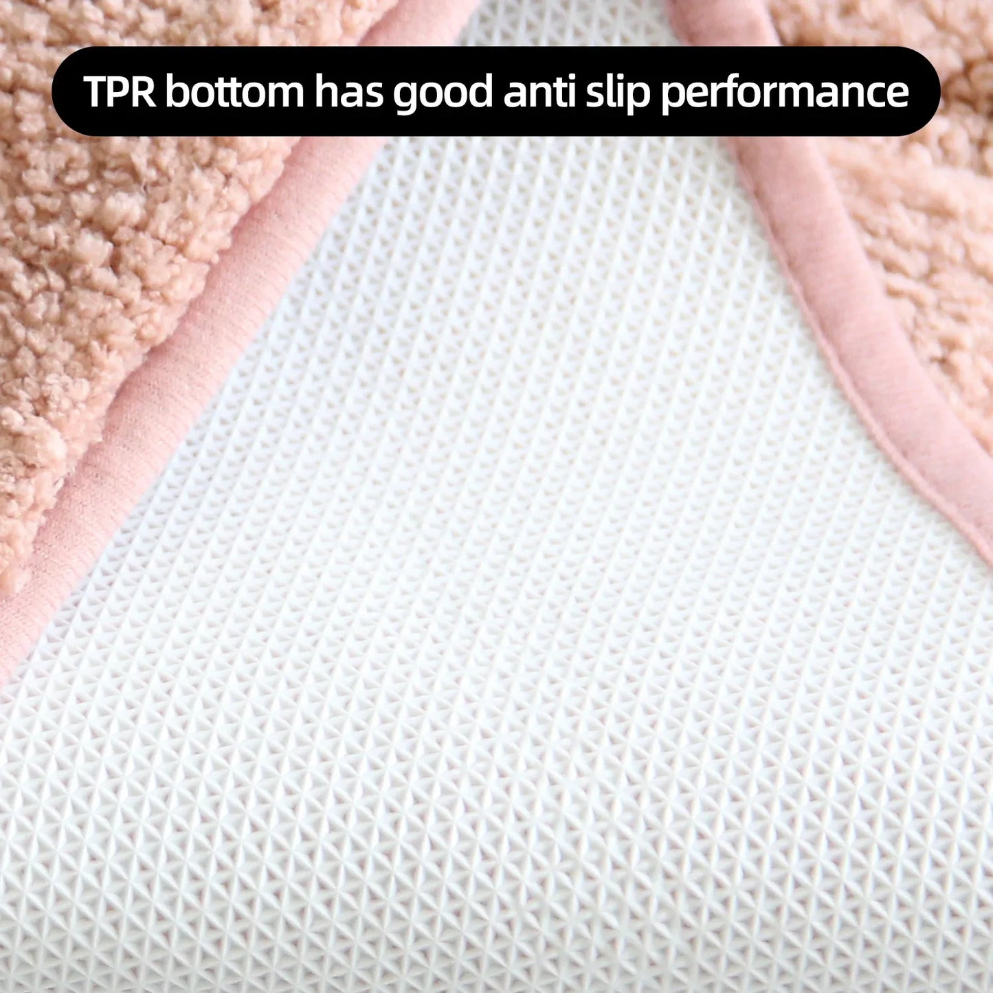 Plush bathroom floor mat with a soft surface and anti-slip TPR backing for safety and comfort