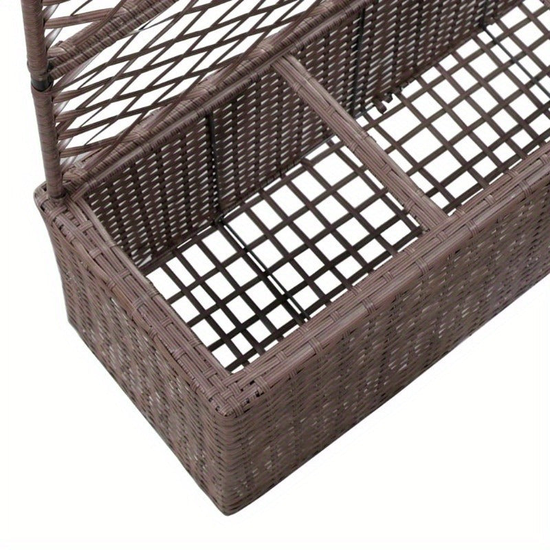 Close-up of the poly rattan raised garden bed showing the woven design and spacious planting area