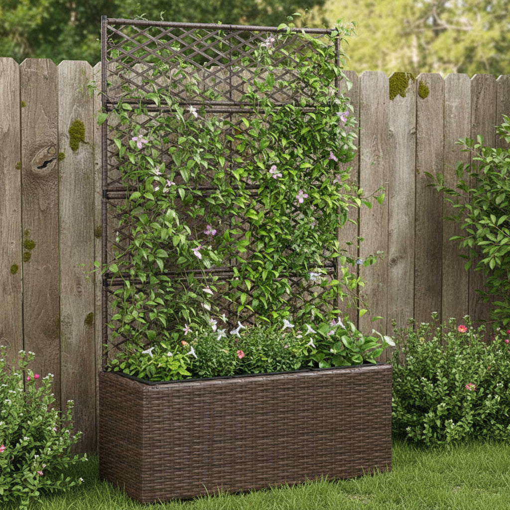 Nutshell poly rattan raised garden bed with trellis for climbing plants and three planting sections