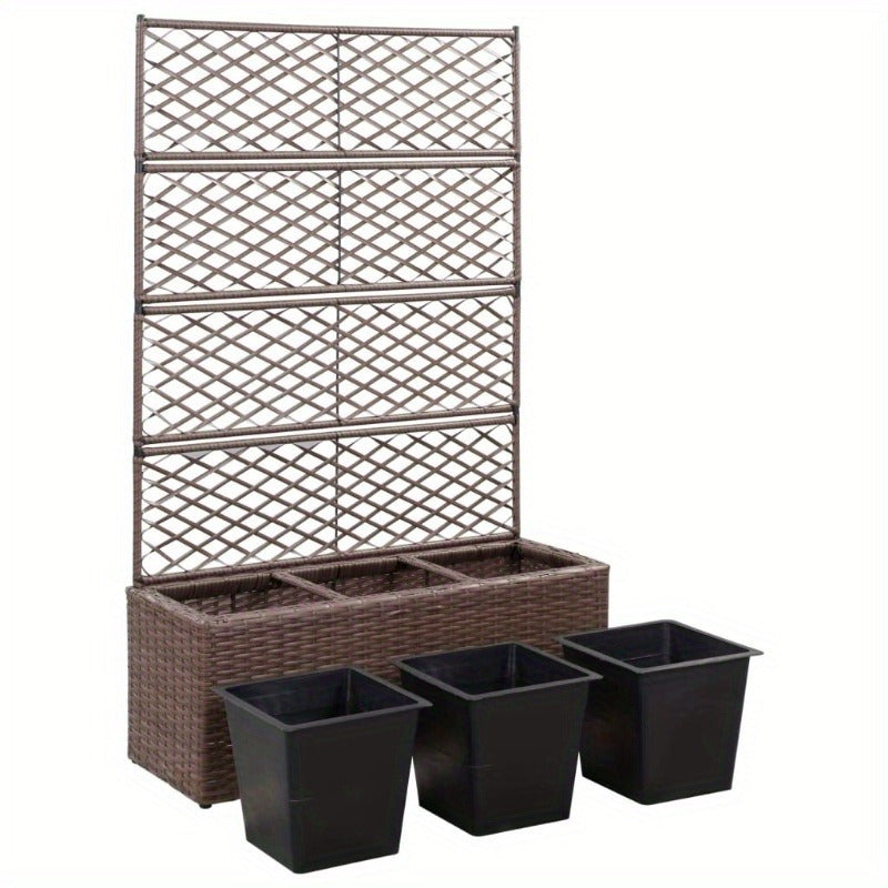 Nutshell poly rattan raised garden bed with trellis and three black planting pots for gardening enthusiasts