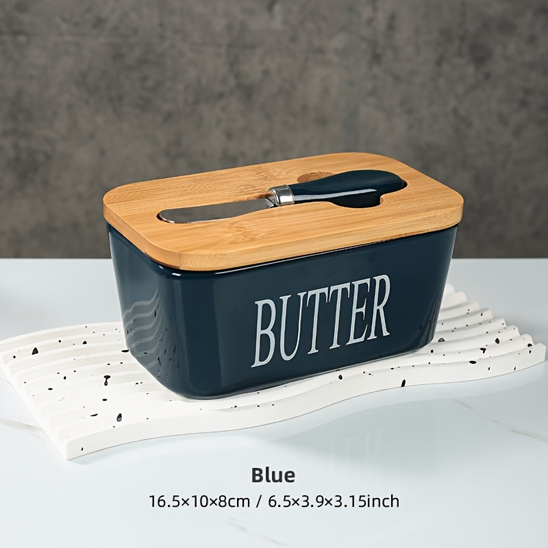 Nutshell porcelain butter box with bamboo lid, blue color, featuring a butter knife and stylish design