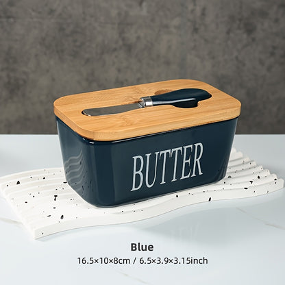Nutshell porcelain butter box with bamboo lid, blue color, featuring a butter knife and stylish design