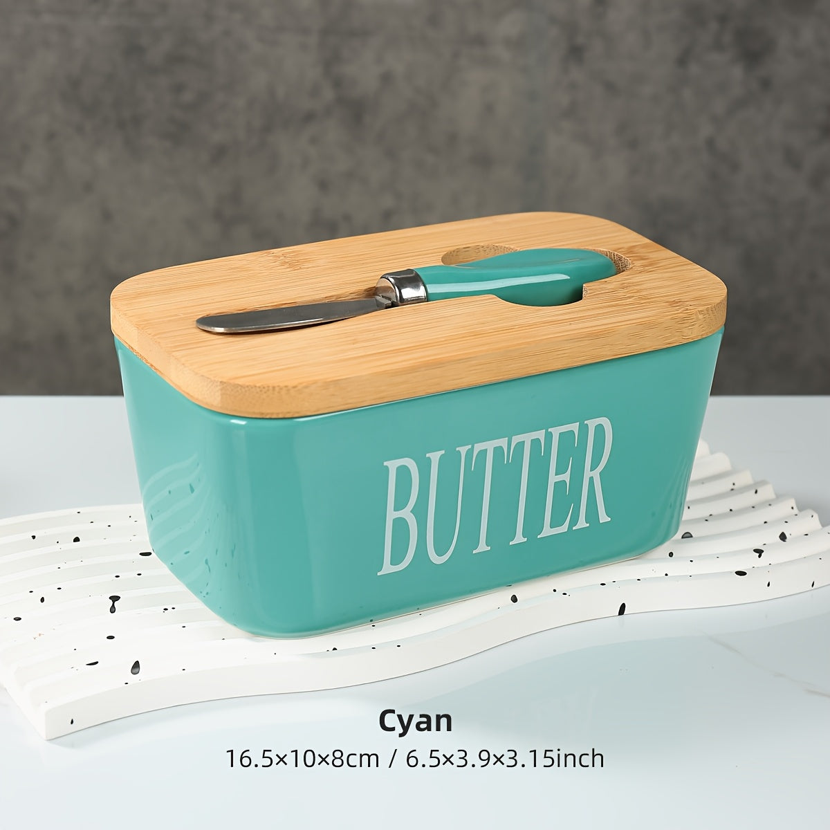 Cyan porcelain butter box with bamboo lid and knife for stylish kitchen organization