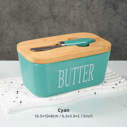 Cyan porcelain butter box with bamboo lid and knife for stylish kitchen organization