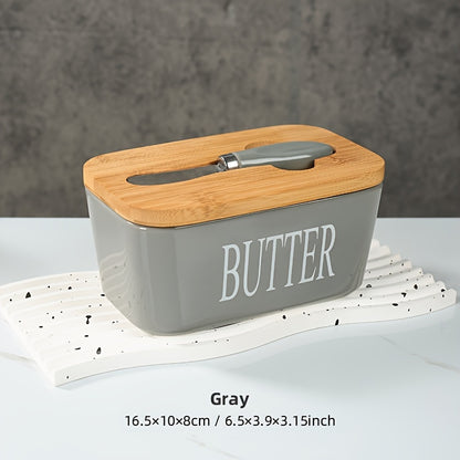 Nutshell porcelain butter box with bamboo lid featuring a gray design and included butter knife