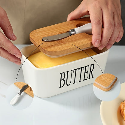 Porcelain butter box with bamboo lid for stylish kitchen organization and easy butter access
