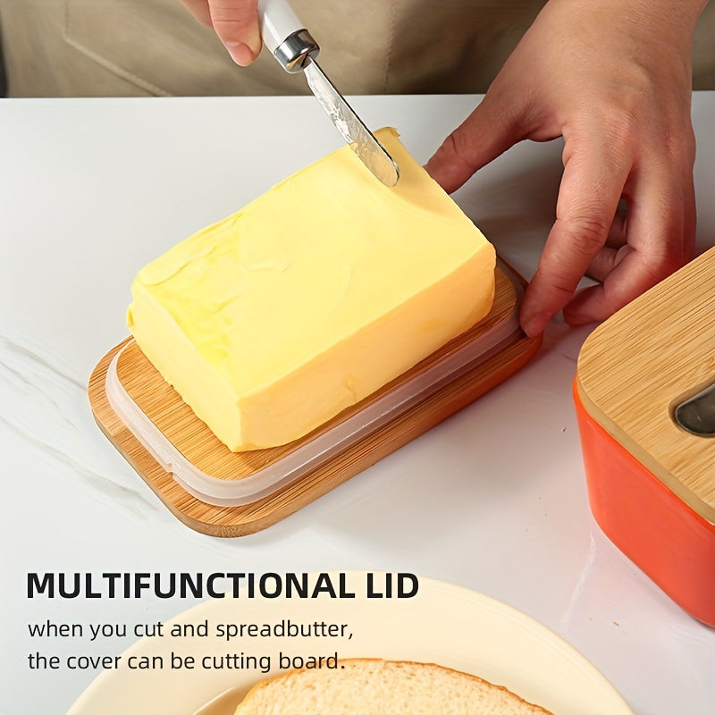 Porcelain butter box with bamboo lid for easy spreading and storage of butter