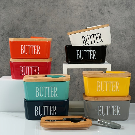 Colorful kitchen organizers featuring porcelain butter box with bamboo lid for stylish storage