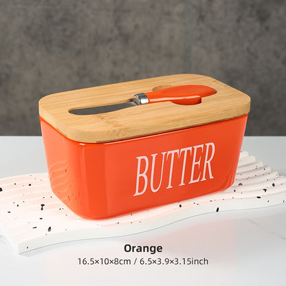 Nutshell porcelain butter box with bamboo lid in orange with butter label and butter knife