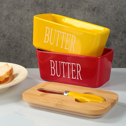Nutshell porcelain butter box with bamboo lid, featuring yellow and red containers for stylish kitchen organization
