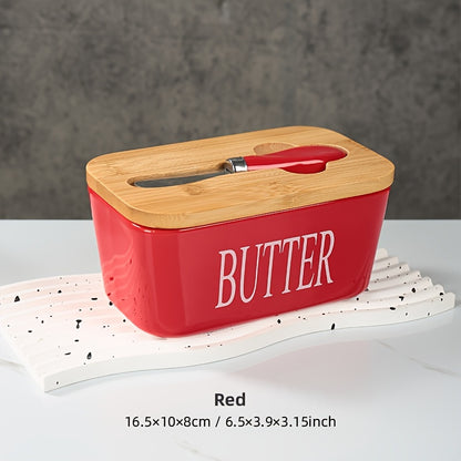 Red porcelain butter box with bamboo lid and knife for kitchen organization