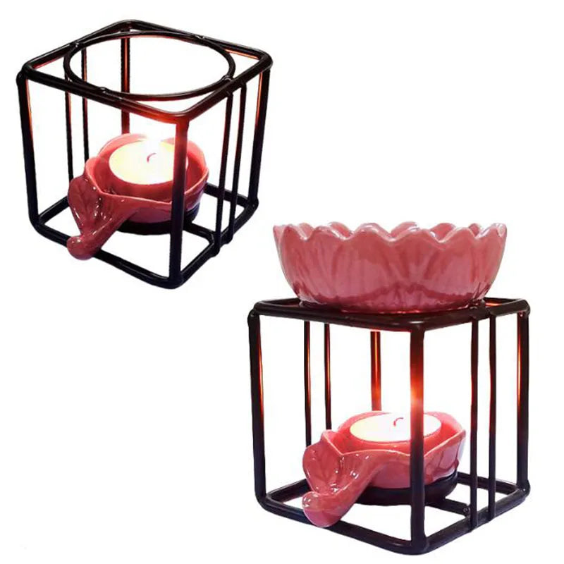 Nutshell porcelain lotus essential oil burner with black metal frame and pink lotus bowl for aromatherapy