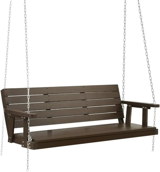 Brown Wooden Porch Swing Chair with Chain for Outdoor Relaxation and Comfort