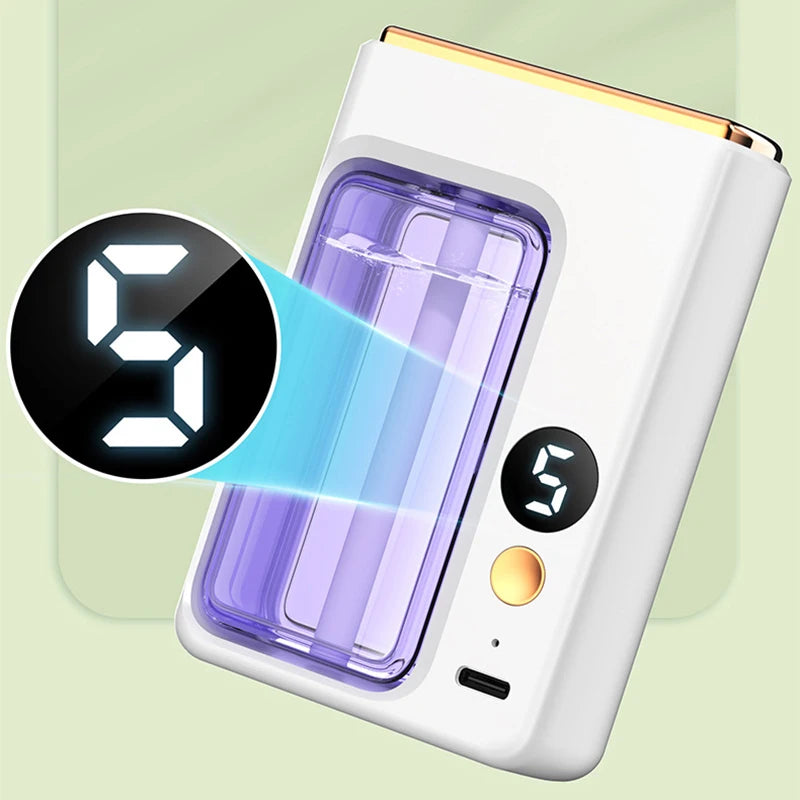Nutshell white and purple portable diffuser with digital display and gold accent button