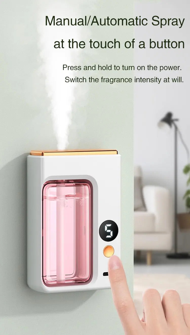 Nutshell portable diffuser with manual and automatic spray and adjustable fragrance intensity