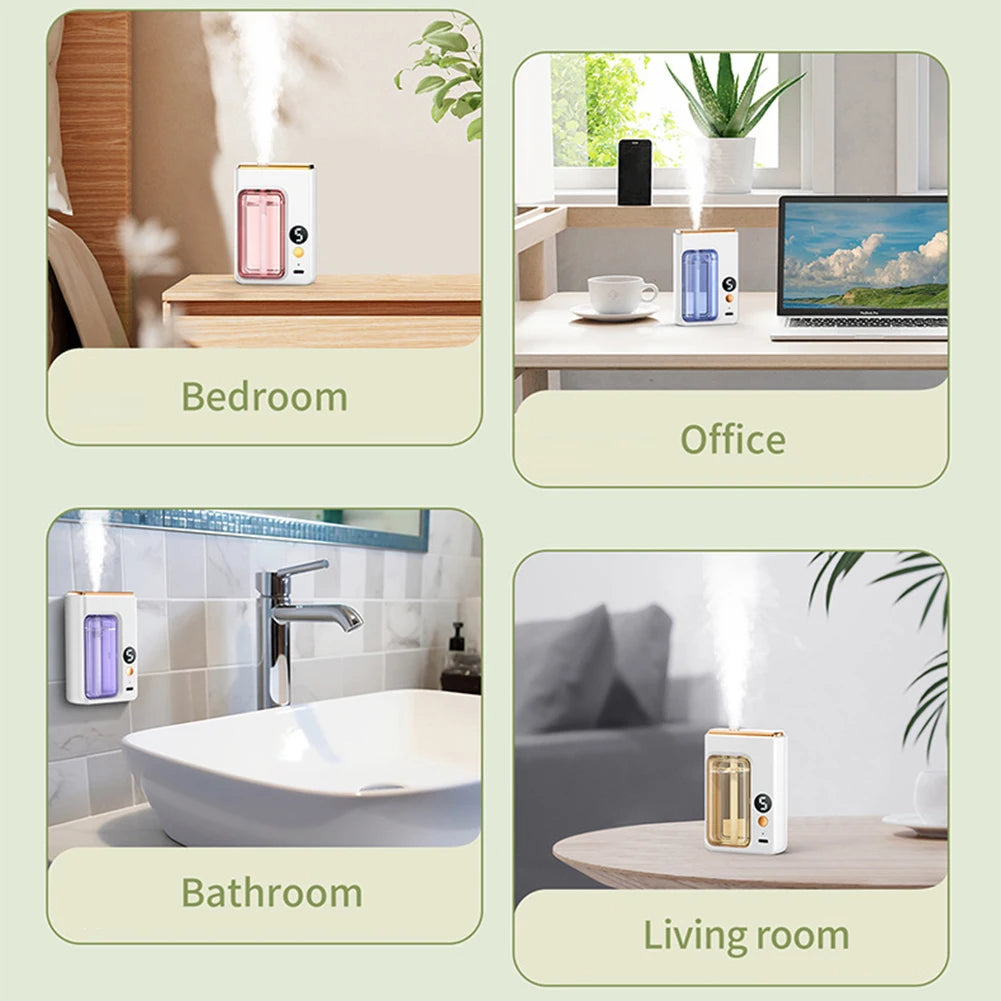 Nutshell portable diffuser shown in bedroom, office, bathroom, and living room settings for home fragrance