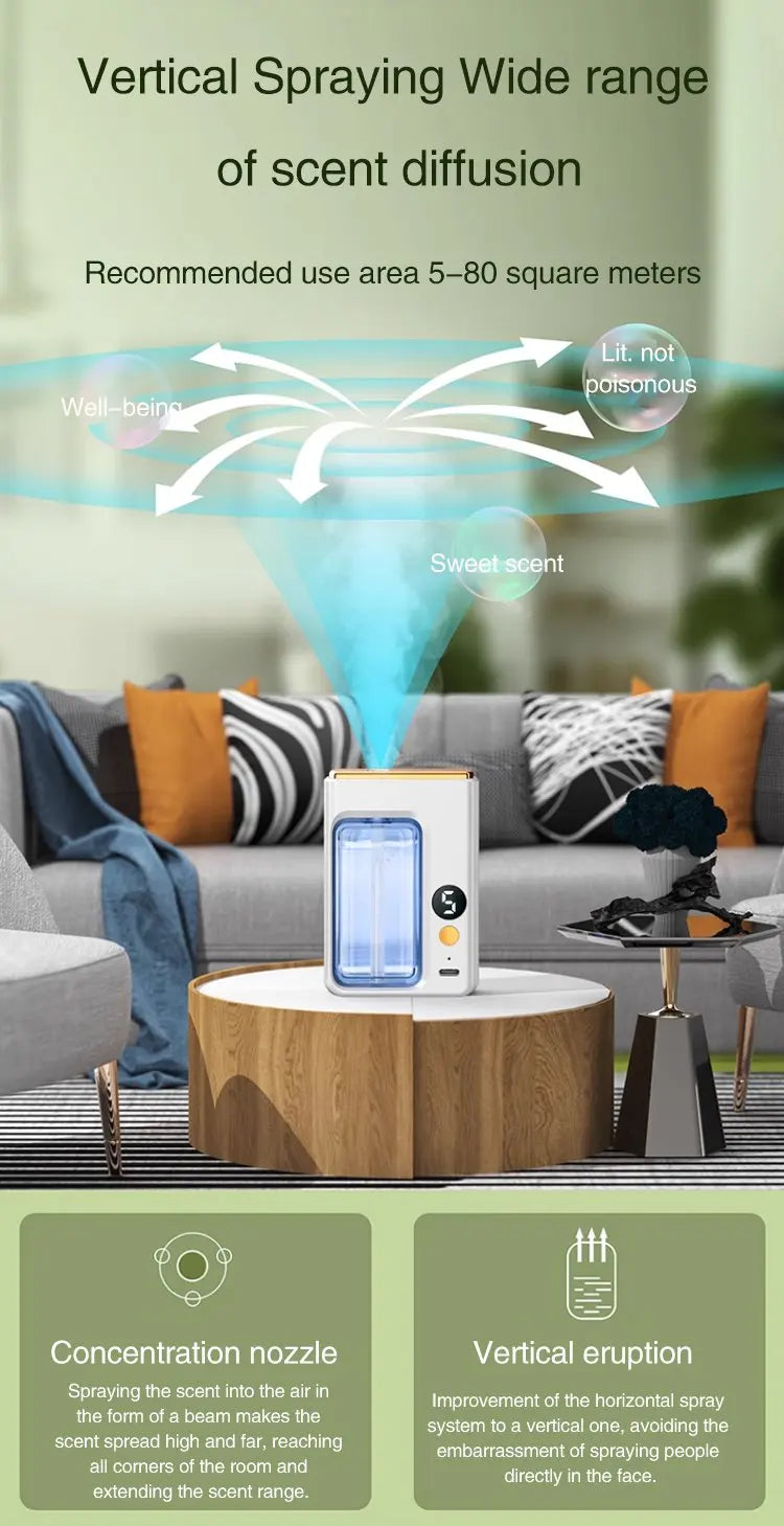 Nutshell portable diffuser on a wooden table in a living room emitting vertical spray for wide scent diffusion