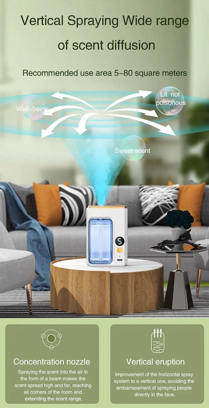 Nutshell portable diffuser on a wooden table in a living room emitting vertical spray for wide scent diffusion