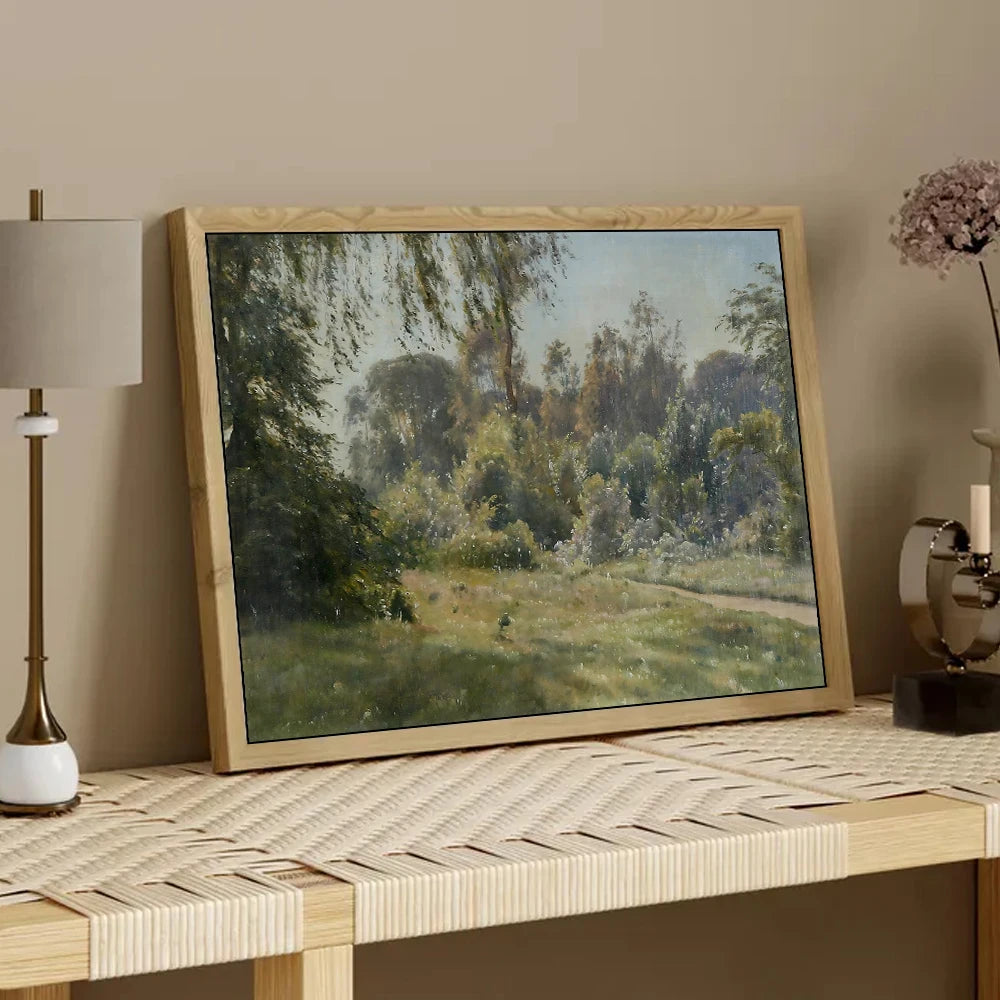 Prairie canvas wall art featuring a serene landscape with trees and sunlight