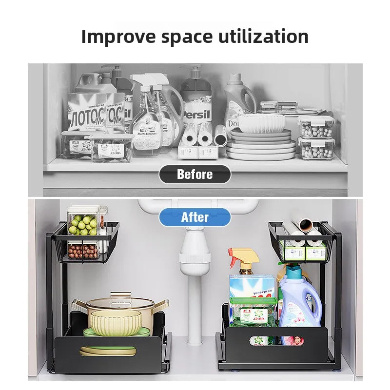 Before and after images of pull out kitchen sink storage rack maximizing under-sink space