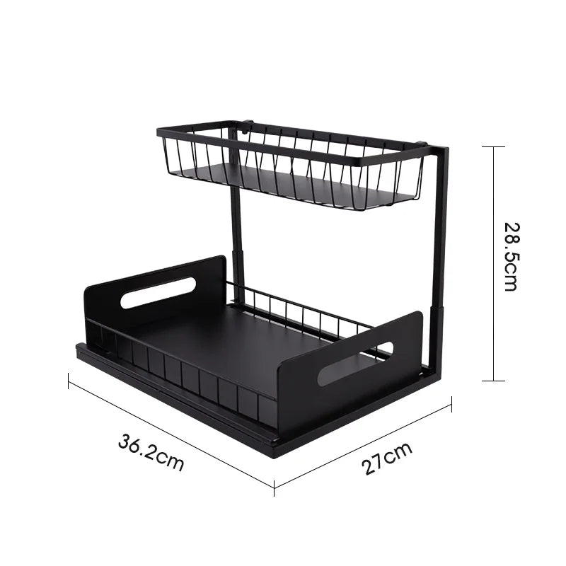 Pull out kitchen sink storage rack with two levels for organizing utensils and cleaning supplies