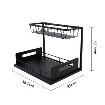 Pull out kitchen sink storage rack with two levels for organizing utensils and cleaning supplies