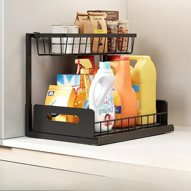 Nutshell pull out kitchen sink storage rack with two levels for organized cleaning supplies and pantry items