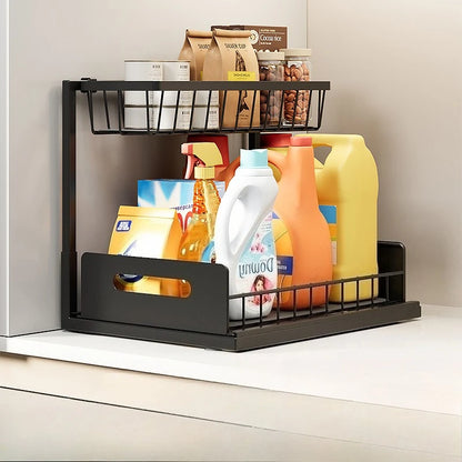 Nutshell pull out kitchen sink storage rack with two levels for organized cleaning supplies and pantry items