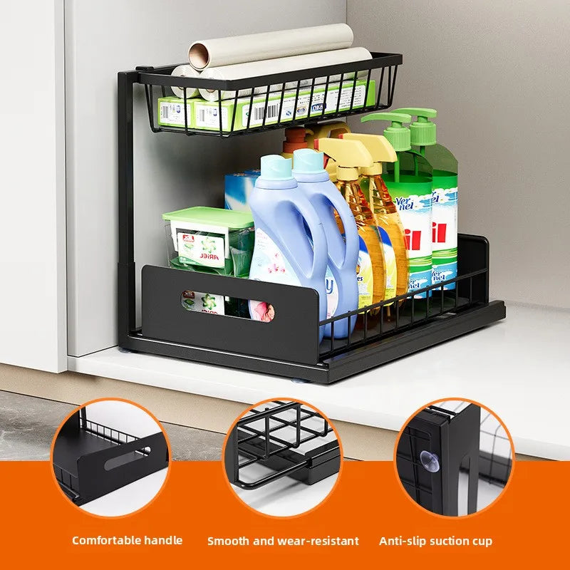 Nutshell pull out kitchen sink storage rack with two baskets for organizing cleaning supplies