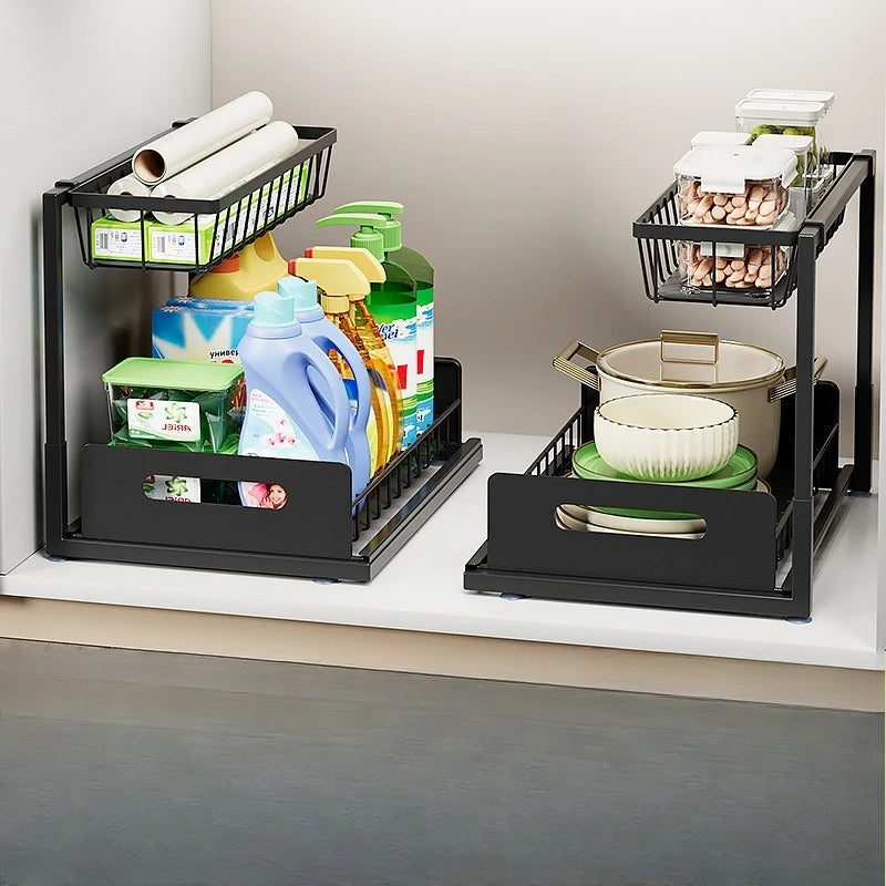Nutshell pull out kitchen sink storage rack with multiple tiers for organizing cleaning supplies and kitchen items