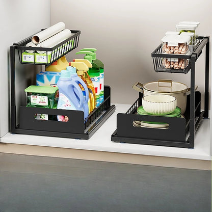 Nutshell pull out kitchen sink storage rack with multiple tiers for organizing cleaning supplies and kitchen items
