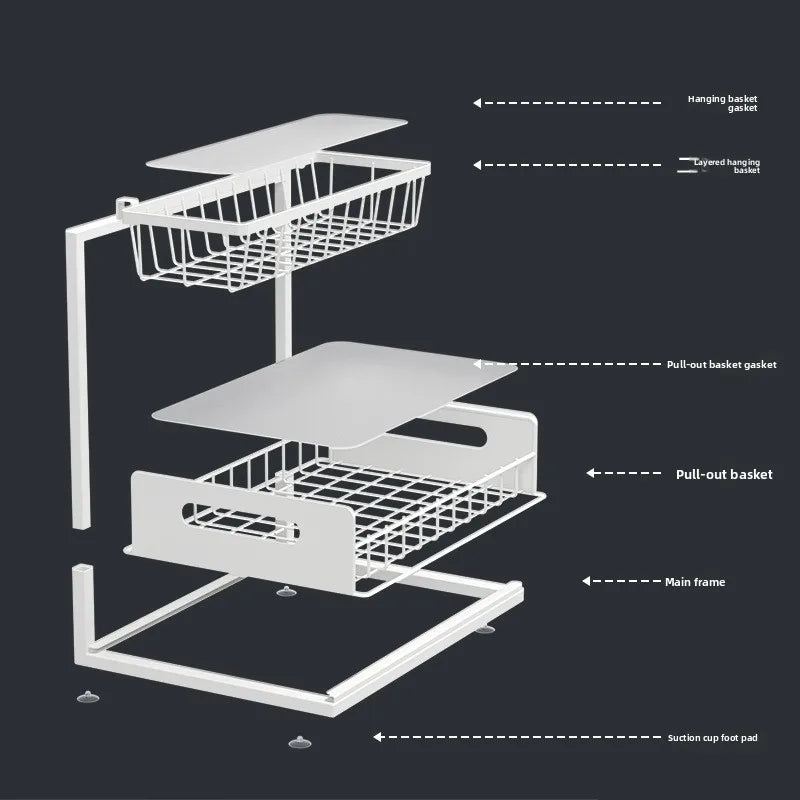 Nutshell pull out kitchen sink storage rack with adjustable baskets and solid frame for maximizing under-sink space