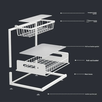 Nutshell pull out kitchen sink storage rack with adjustable baskets and solid frame for maximizing under-sink space