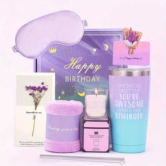 Purple Relaxation Gift Set With Travel Mug featuring a sleep mask, candle, and birthday card