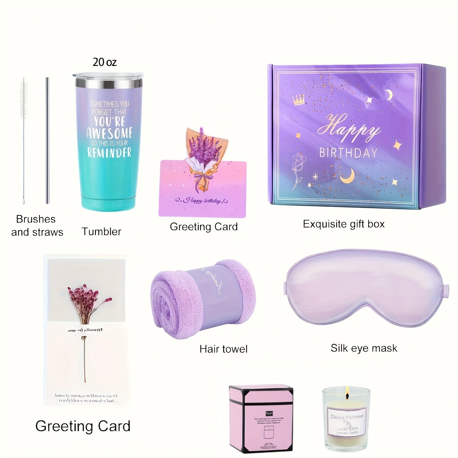 Purple Relaxation Gift Set With Travel Mug, includes a tumbler, hair towel, silk eye mask, and greeting card.