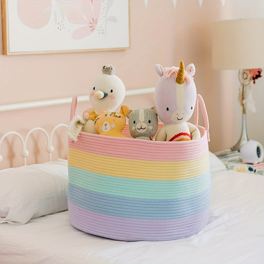 Nutshell rainbow rope basket with handles filled with soft toys in a children's nursery