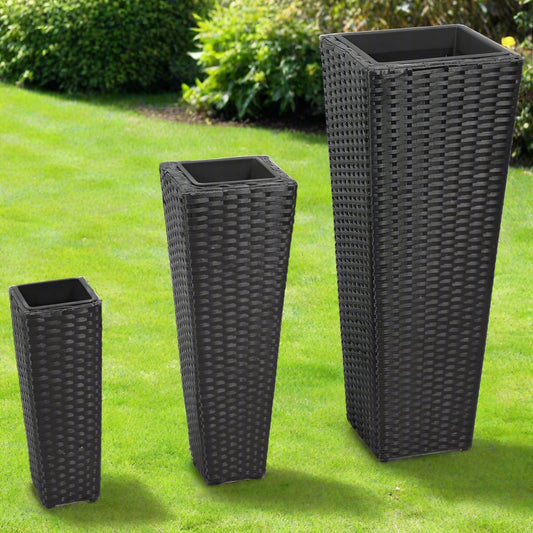 Nutshell black rattan flower raised beds planters in three different tall sizes for outdoor gardening