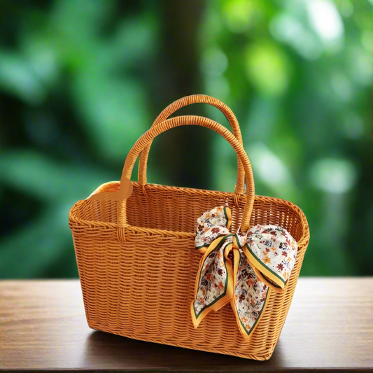 Nutshell rattan picnic basket with decorative scarf detail, perfect for outdoor gatherings