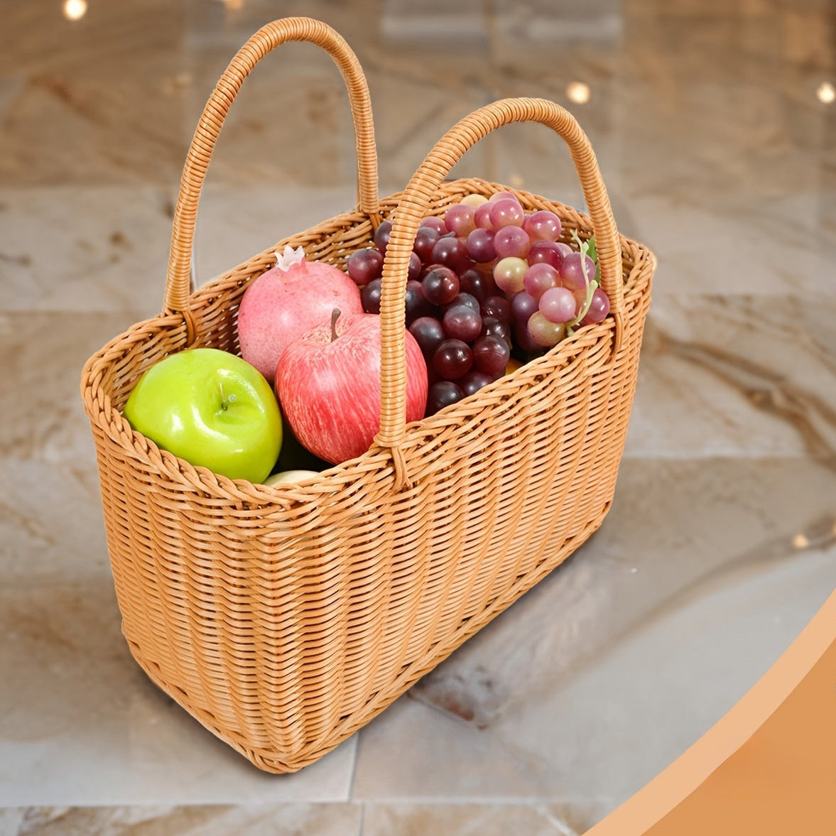 Nutshell rattan picnic basket filled with fresh apples and grapes for outdoor dining