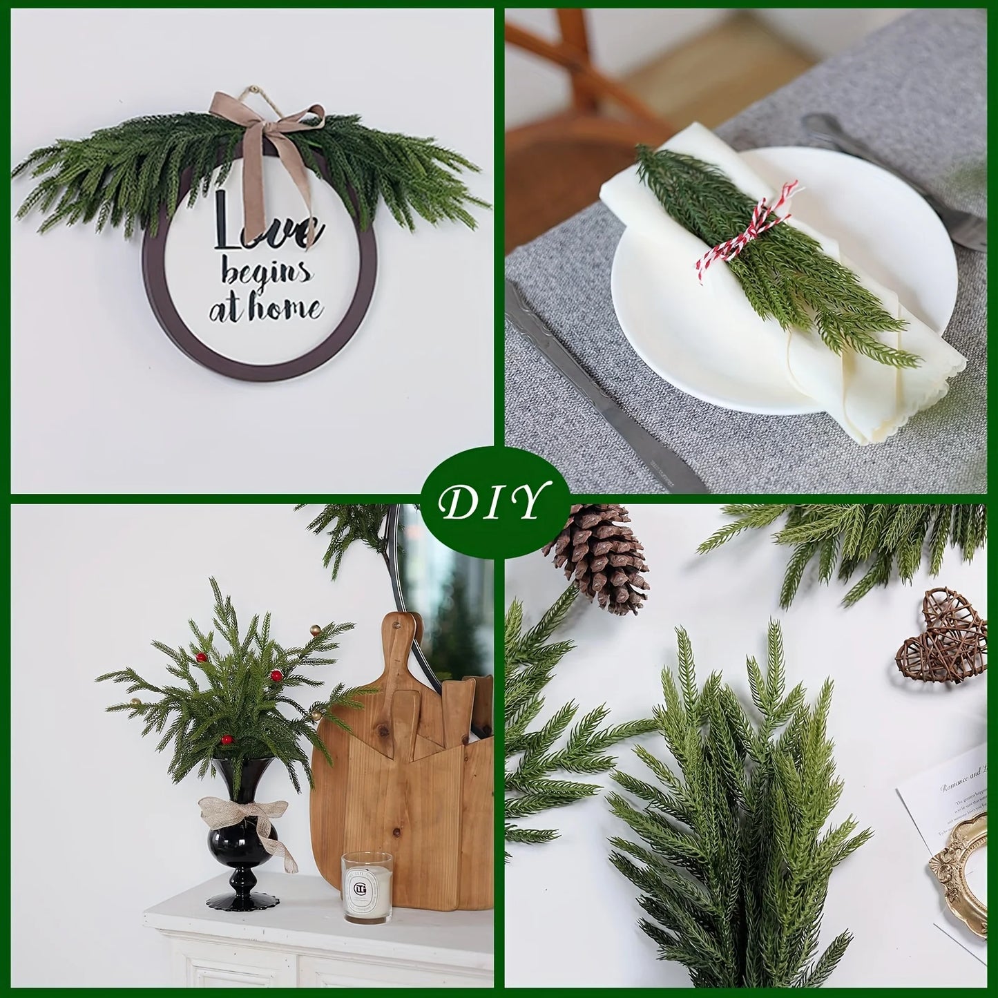 Real touch faux pine branches arranged for DIY decor projects and table settings