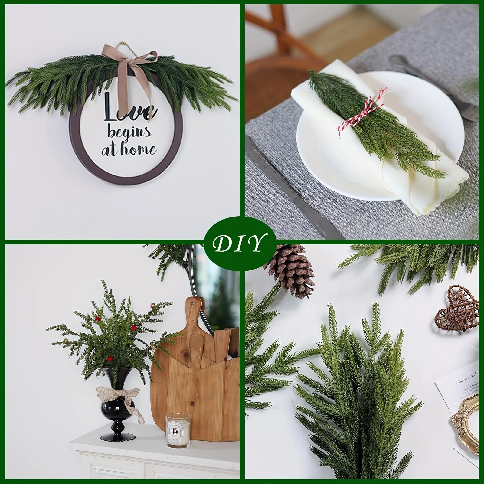 Real touch faux pine branches arranged for DIY decor projects and table settings