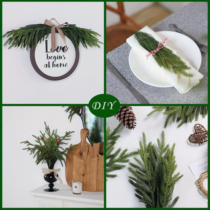 Real touch faux pine branches arranged for DIY decor projects and table settings