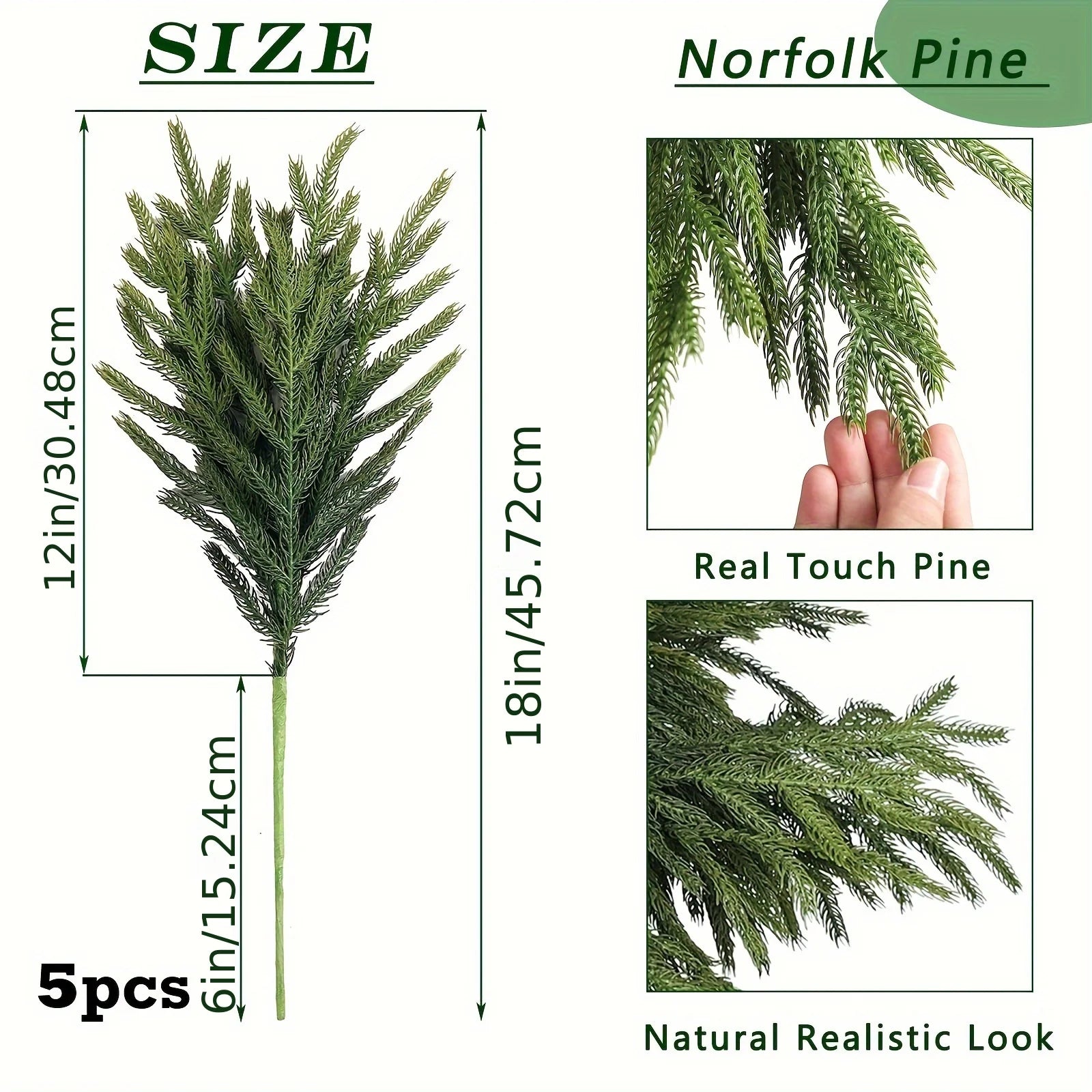 Five pieces of real touch faux pine branches in varying heights for realistic decoration